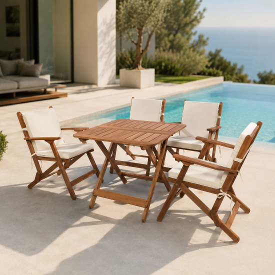 4 Kişilik Ahşap Katlanır Oturma Grubu - 80x80 cm (Grup F)